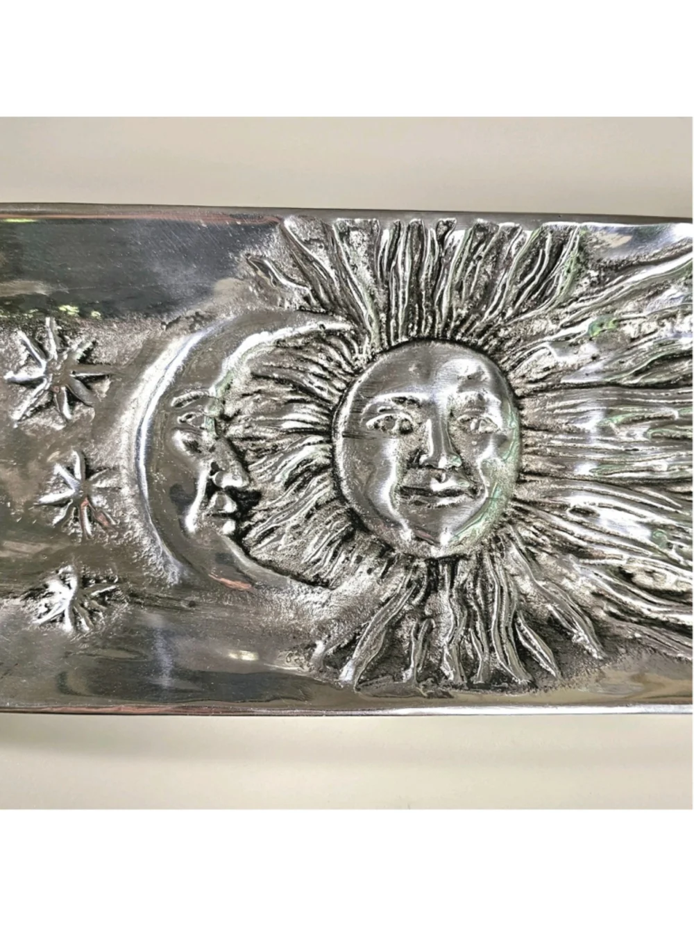 Vintage 90s Silver Metal Celestial Cracker Tray Sun Moon Stars 16.5